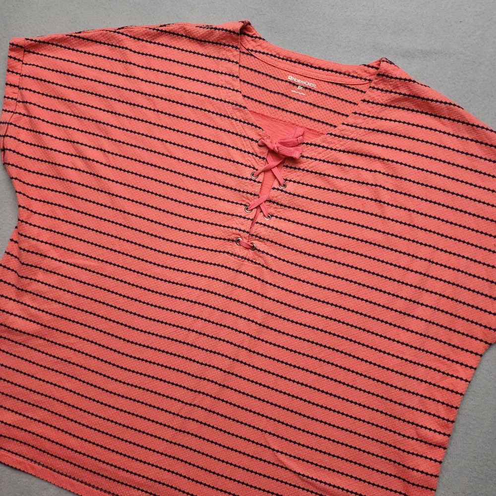 Northcrest Womens 3X Coral Orange Navy Striped Lace Up V-Neck Short Sleeve Top